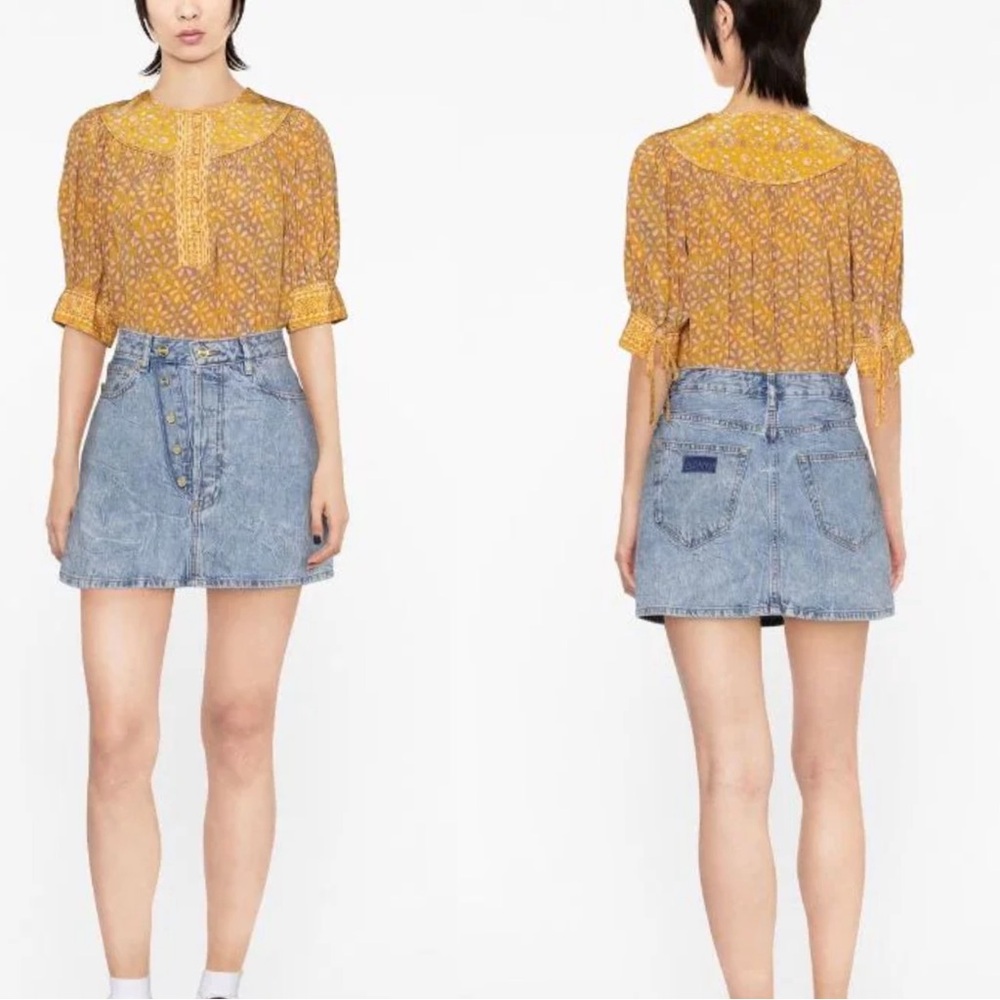 Ganni Denim Crinkle Double Button Mini Skirt 44